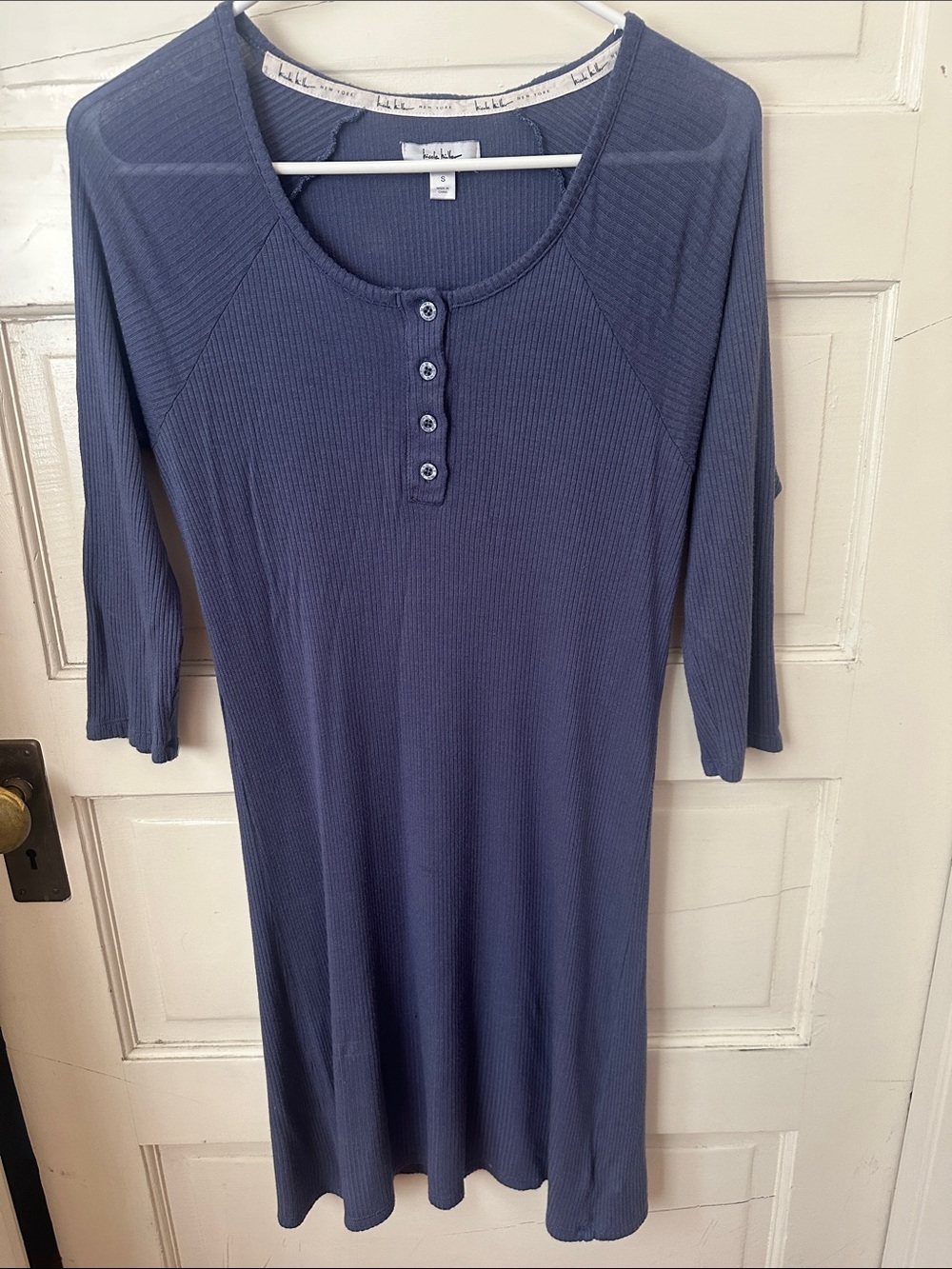 Nicole Miller Long Sleeve Ribbed Henley Dress Slate Blue Nightgown Sleep Dress